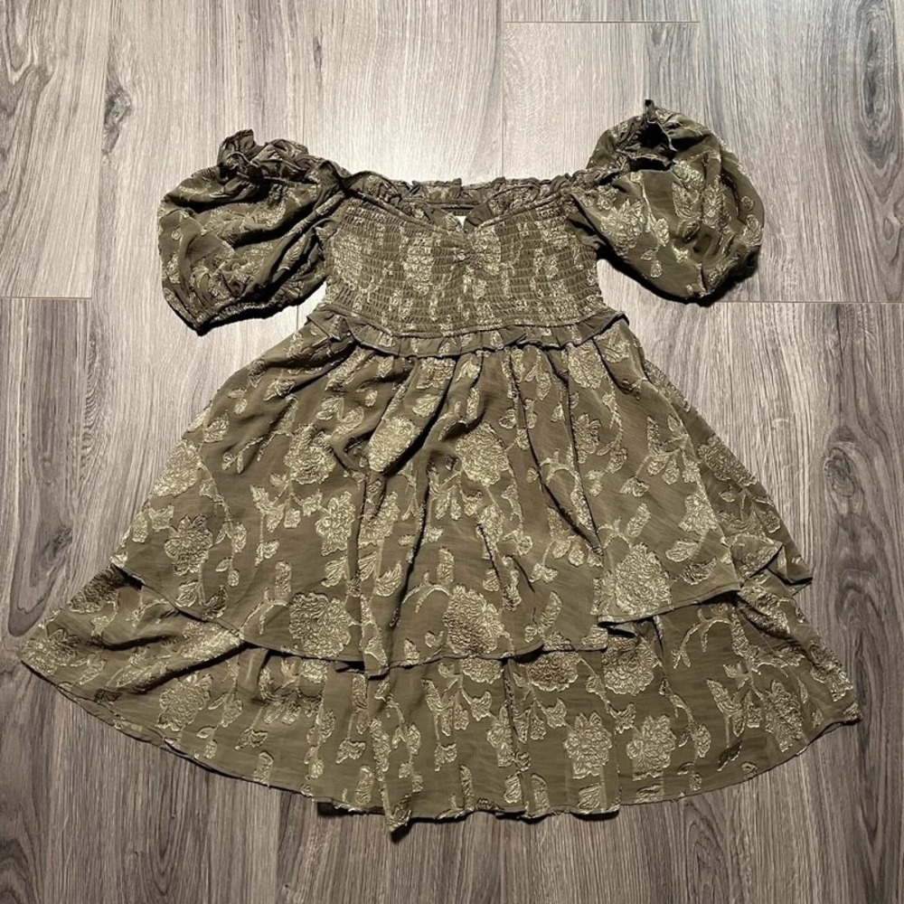 Altar'd State Olive Green & Gold Floral Brocade Dress